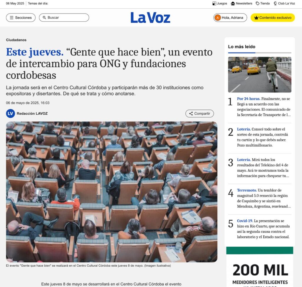 Nota periodística publicada por el diario La Voz del Interior el 6 de Mayo 2025.