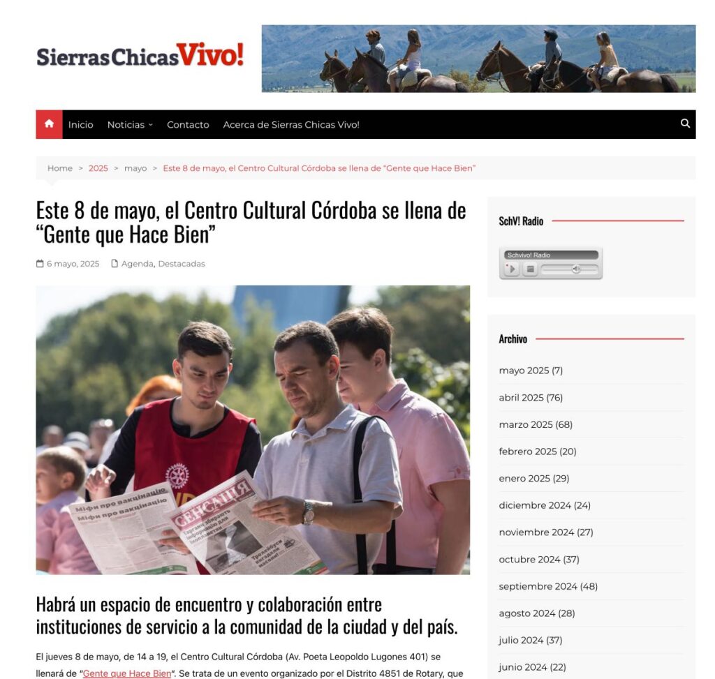 Nota periodística publicada por el sitio web Sierras Chicas Vivo! el 6 de Mayo 2025.
